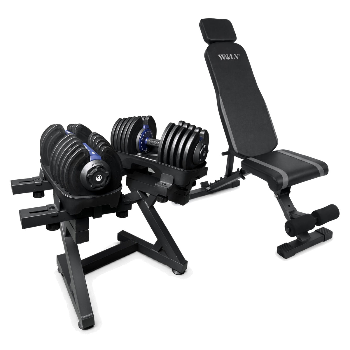 WOLV Home Gym Setup A — Adjustable Dumbbells, Bench & Rack