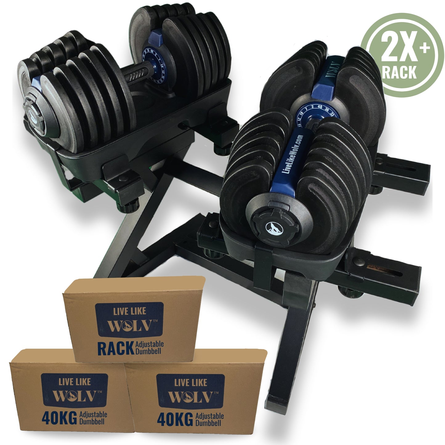 ADJUSTABLE DUMBBELLS 40KG - SET OF 2 + LIFT RACK