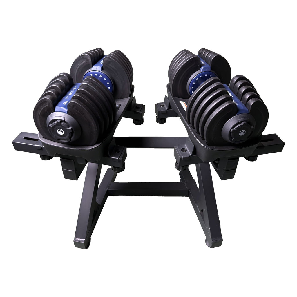 Vooraanzicht van het halterrek met beide WOLV 40 kg verstelbare dumbbells op comfortabele grijphoogte