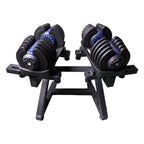 Vooraanzicht van het halterrek met beide WOLV 40 kg verstelbare dumbbells op comfortabele grijphoogte