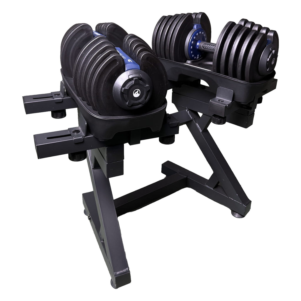 WOLV verstelbare dumbbells 40 kg paar op het stalen halterrek, driekwart studiobeeld