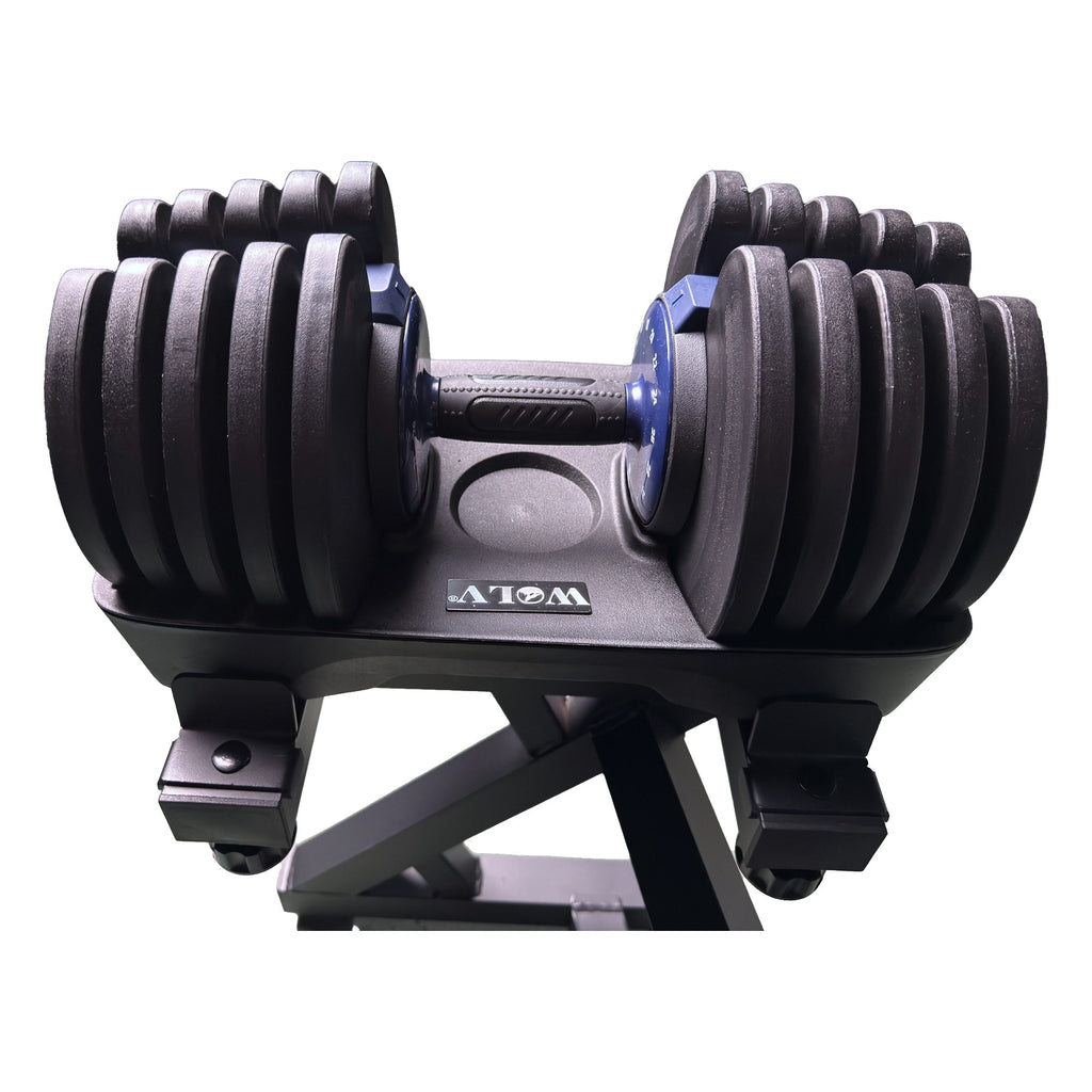 Close-up op handvathoogte van een WOLV 40 kg dumbbell in zijn tray op het halterrek