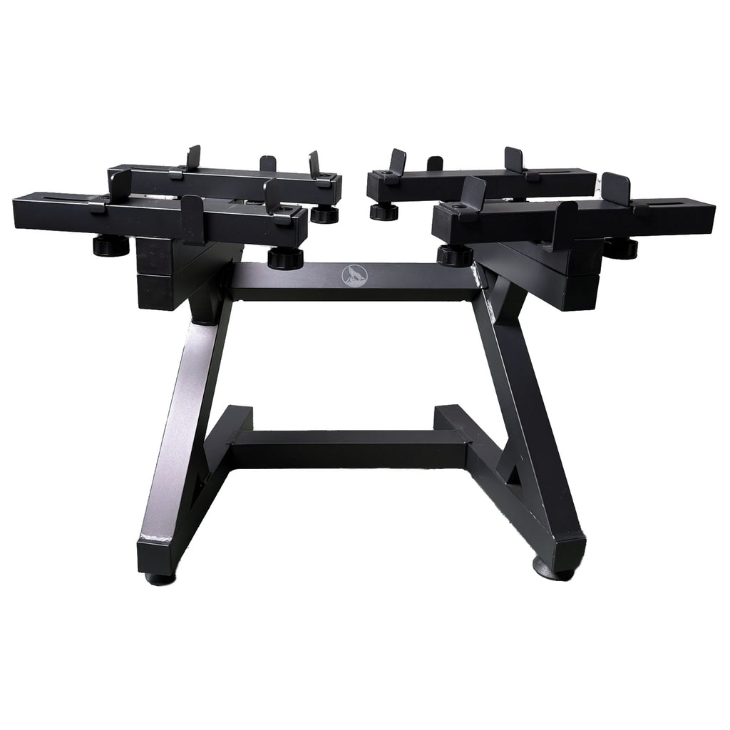 WOLV universal dumbbell rack in black steel, angled view of the adjustable arms and A-frame base