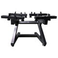 WOLV universal dumbbell rack in black steel, angled view of the adjustable arms and A-frame base
