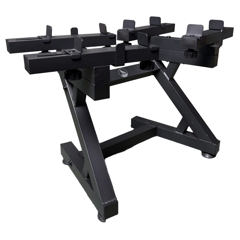 Front view of the black steel WOLV dumbbell rack with four length-adjustable support arms
