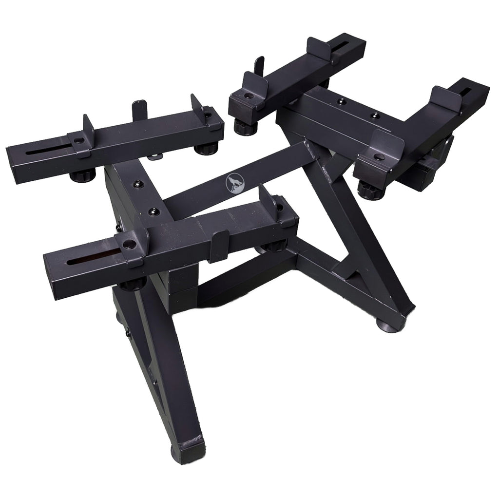 Seen from above, the WOLV storage rack shows slotted arms that adjust to fit any adjustable dumbbell
