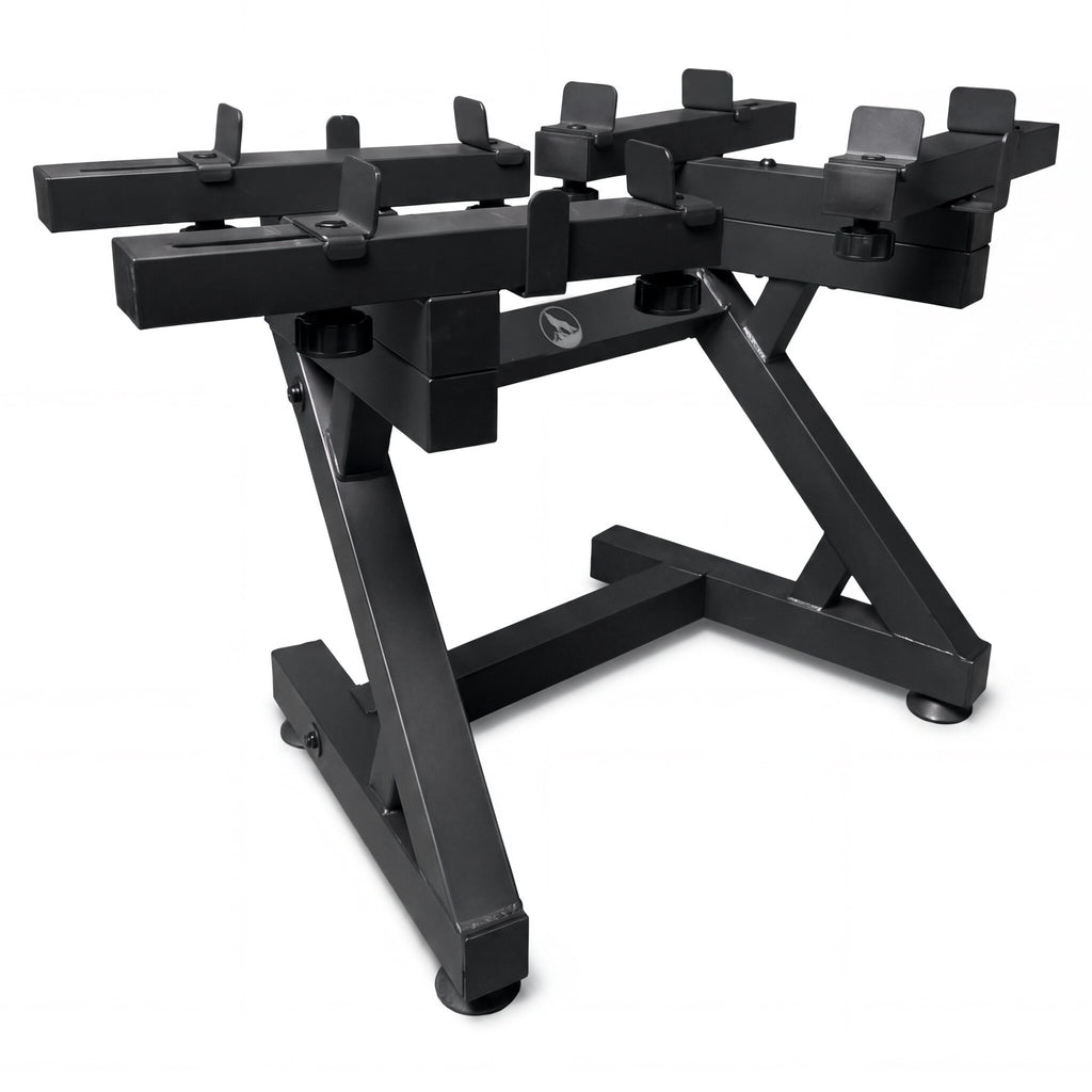 A black metal universal adjustable dumbbell stand with adjustable mounting brackets and a stable Z-frame base, shown on a solid white background.