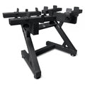 A black metal universal adjustable dumbbell stand with adjustable mounting brackets and a stable Z-frame base, shown on a solid white background.