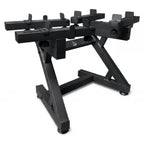 A black metal universal adjustable dumbbell stand with adjustable mounting brackets and a stable Z-frame base, shown on a solid white background.