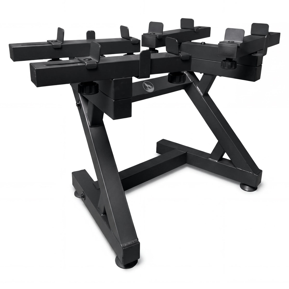 A black metal universal adjustable dumbbell stand with adjustable mounting brackets and a stable Z-frame base, shown on a solid white background.