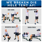 Oefengids met bent-over rows, shoulder press, squats met gewicht en bench press met verstelbare dumbbells