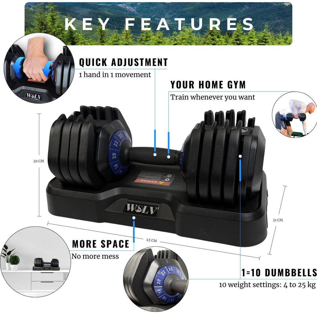 VERSTELBARE HALTERS 25KG - SET VAN 2 + HALTERREK
