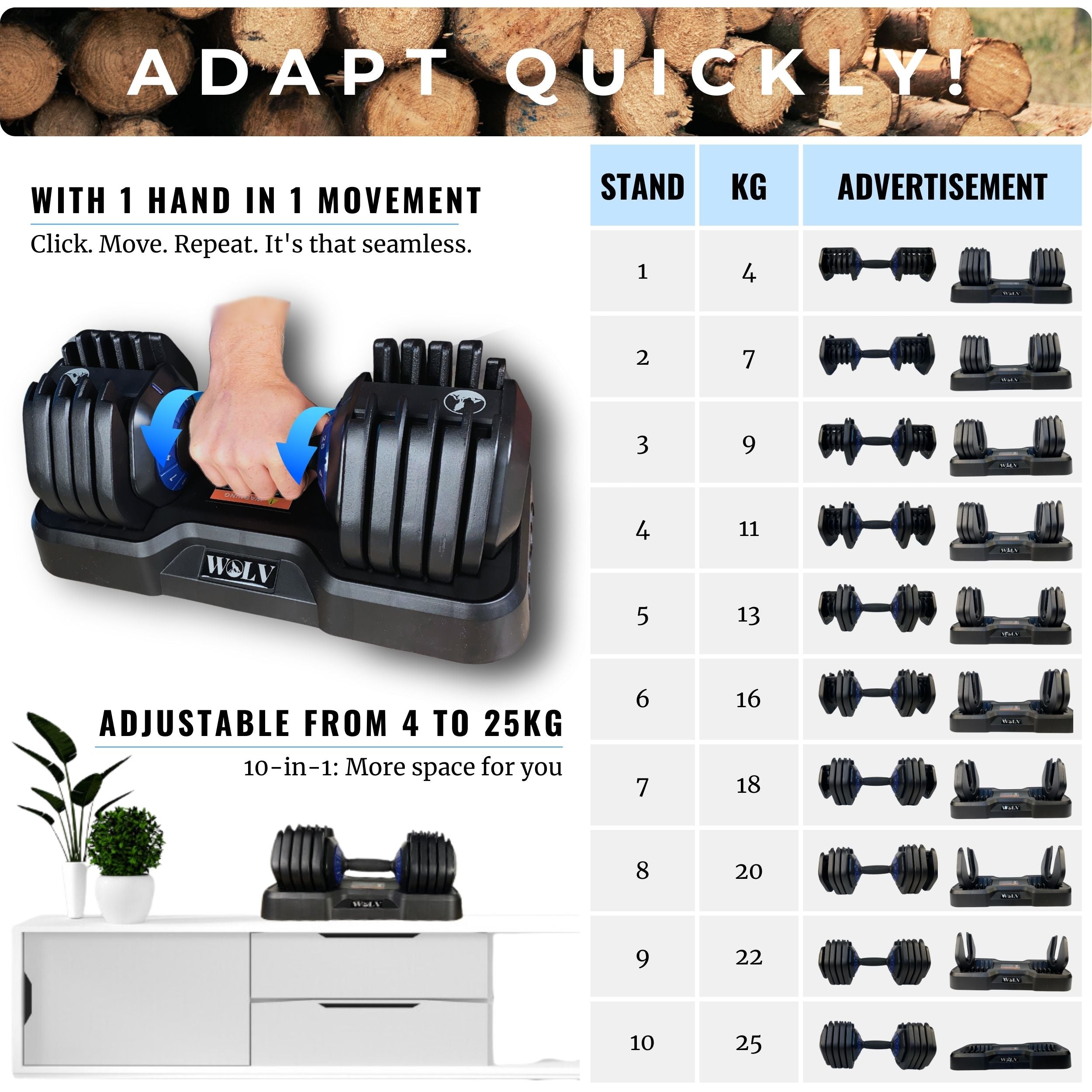 VERSTELBARE HALTERS 25KG - SET VAN 2 + HALTERREK