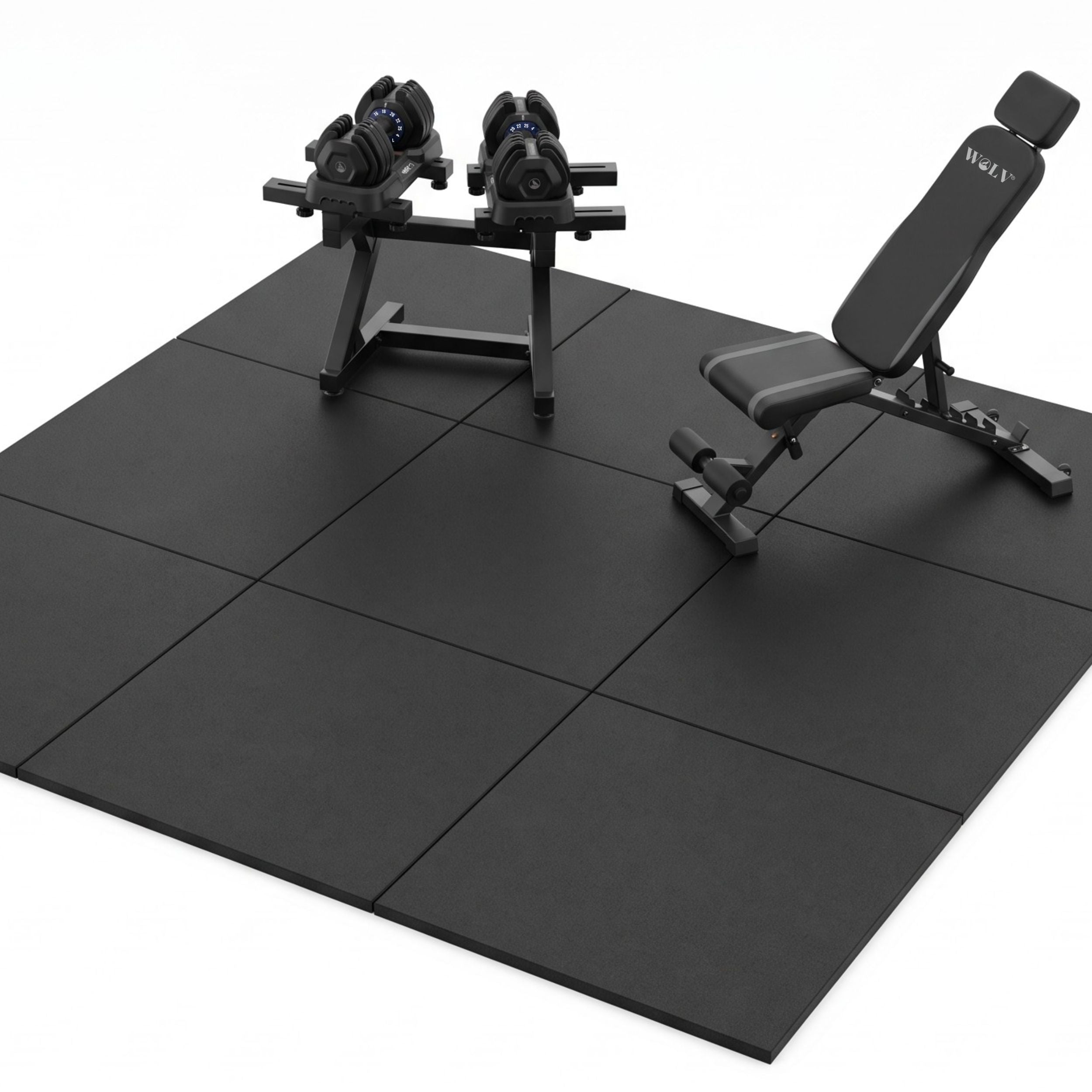 WOLV Home Gym Setup — Verstelbare Halters, Bank, Rek & Tegels