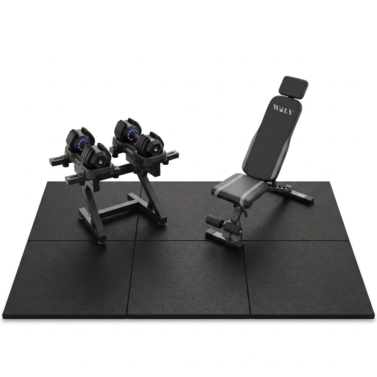 WOLV Home Gym Setup — Verstelbare Halters, Bank, Rek & Tegels