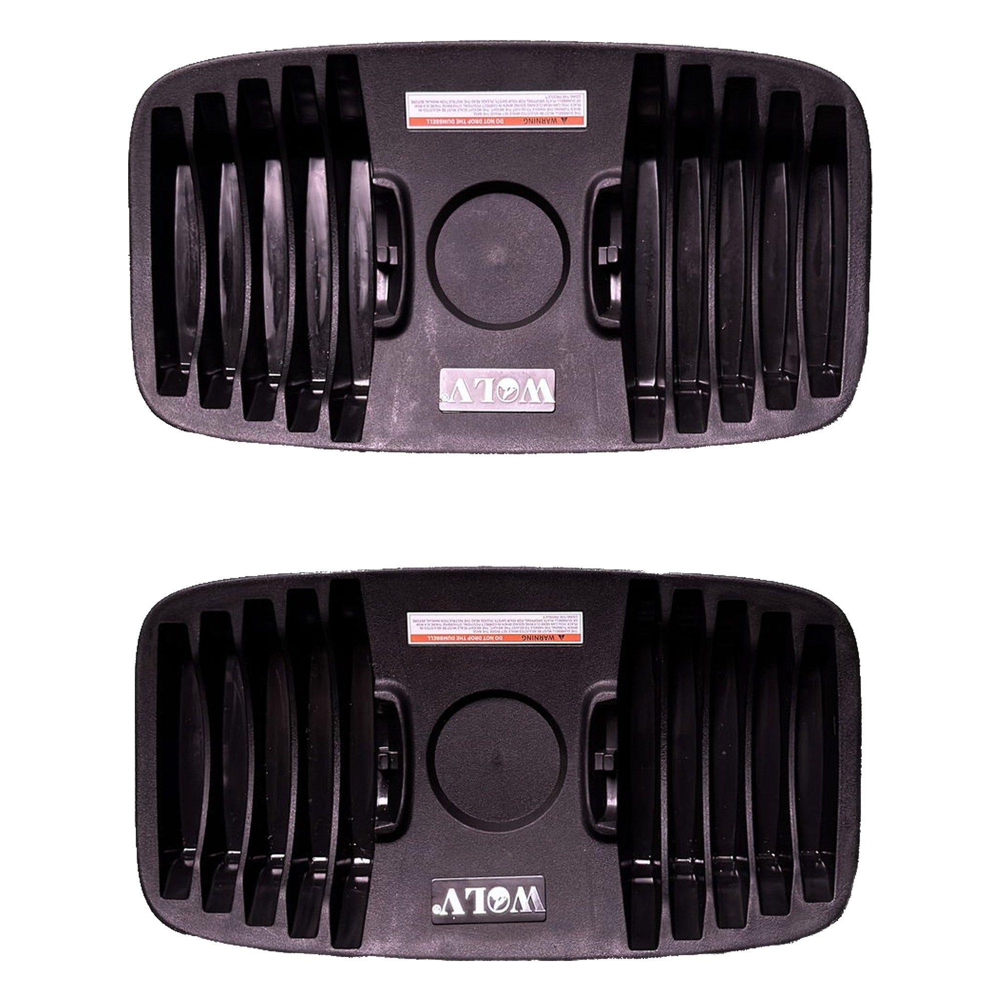 Top-down view of the two WOLV base trays showing moulded plate slots and warning labels