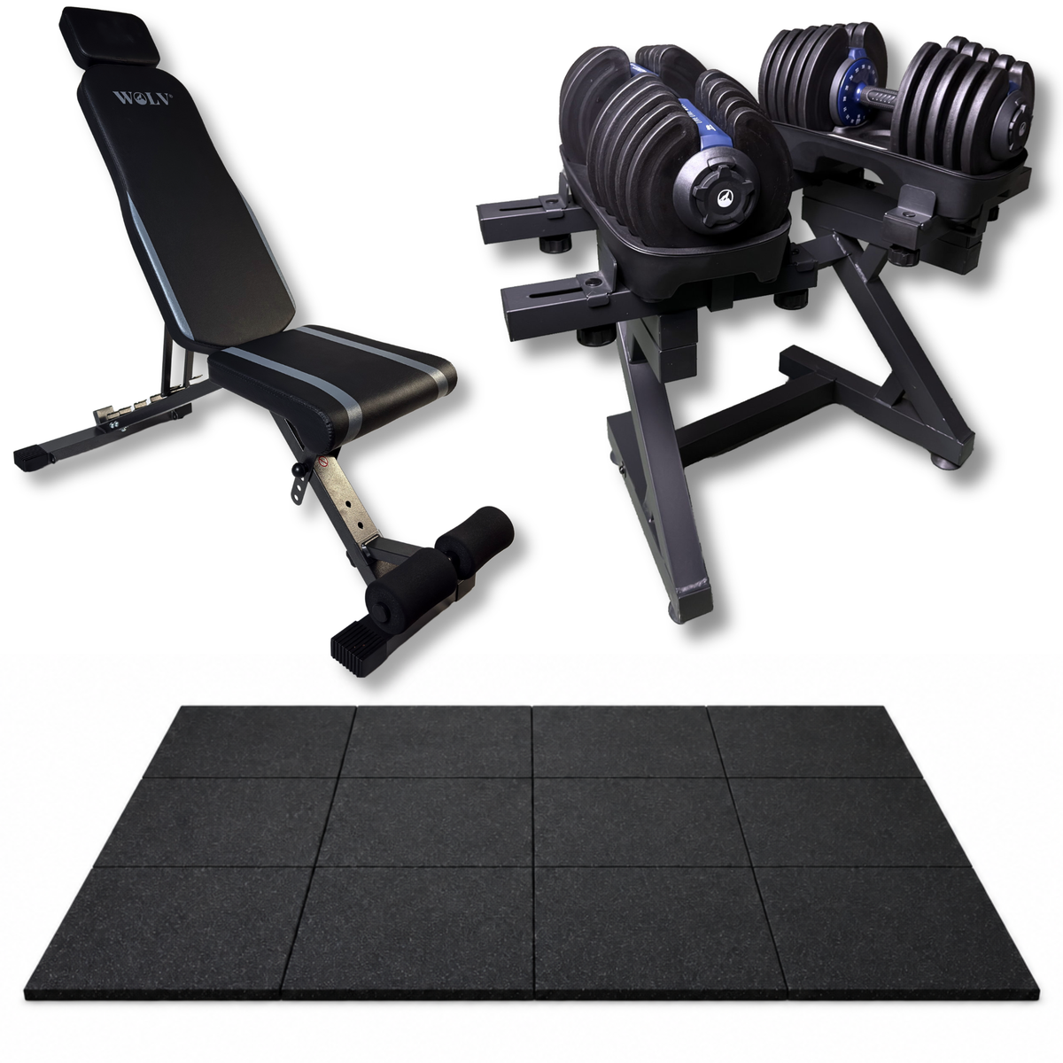 WOLV Home Gym Setup — Verstelbare halters, bank, rek & tegels