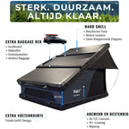 Gesloten hardshell van de WOLV daktent met ruimte voor een bagagerek, PU-gecoat doek en verhoogd voeteneinde