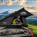 Kampeerder geniet van 270 graden panoramisch uitzicht vanuit de WOLV daktent door de voor- en zijramen