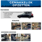 Opzetgids voor de WOLV Hardcase daktent: auto positioneren, stap voor stap uitklappen en ladder en luifelstokken plaatsen