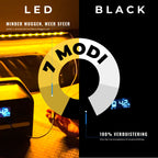 Amberkleurige led-verlichting met zeven standen naast het volledig verduisterde interieur van de WOLV daktent bij nacht