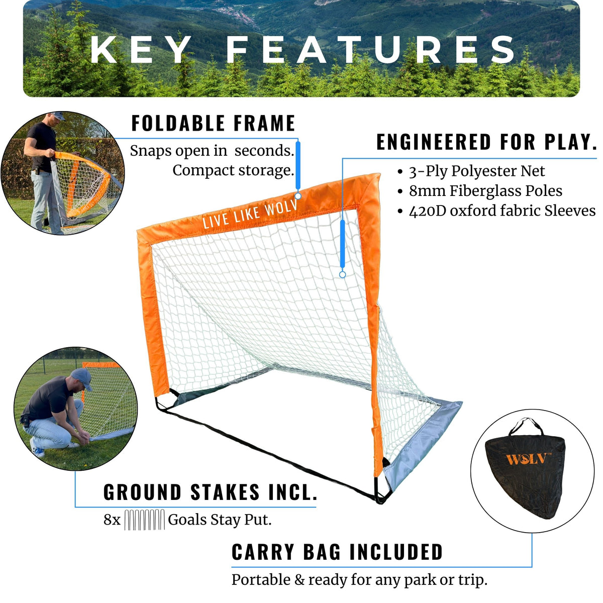 Key features of WOLV foldable soccer goals: snap-open frame, fiberglass poles, ground stakes and carry bag
