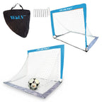 Two blue WOLV foldable pop-up soccer goals with ball, carry bag and ground stakes