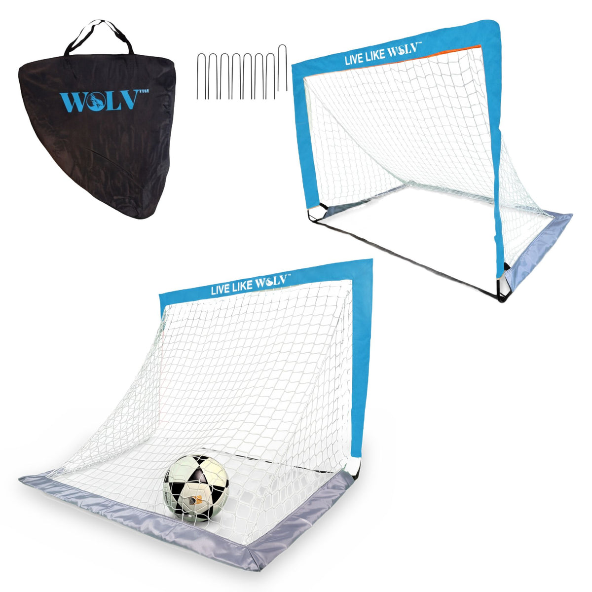 Two blue WOLV foldable pop-up soccer goals with ball, carry bag and ground stakes