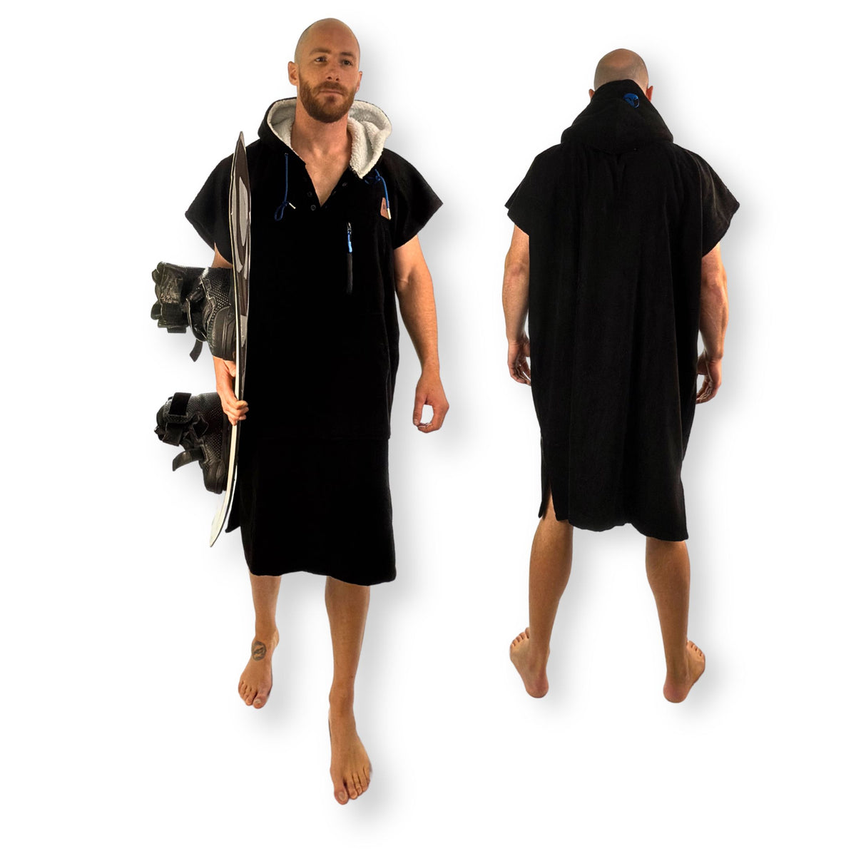 Front and back of the black WOLV Surf Poncho on a model carrying a wakeboard, showing the sherpa-lined hood
