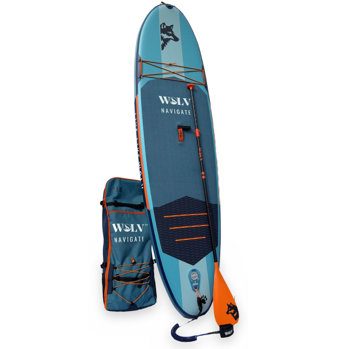 WOLV Navigate 10'6" inflatable SUP board with paddle, backpack, pump, leash, fin and repair kit
