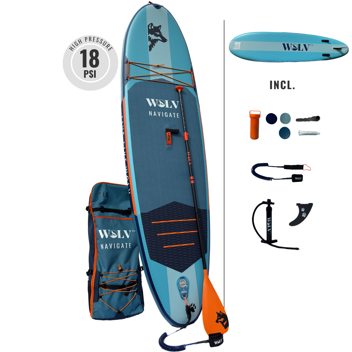 Complete WOLV Navigate 10.6 inflatable SUP kit with paddle, pump, leash, fin, repair kit and backpack