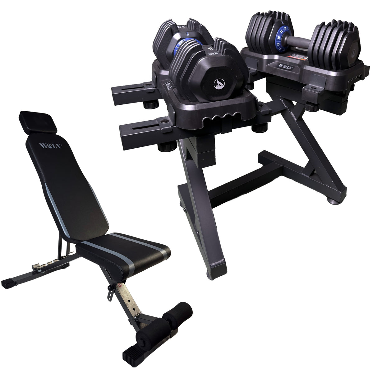 WOLV Home Gym Setup A — Adjustable Dumbbells, Bench & Rack