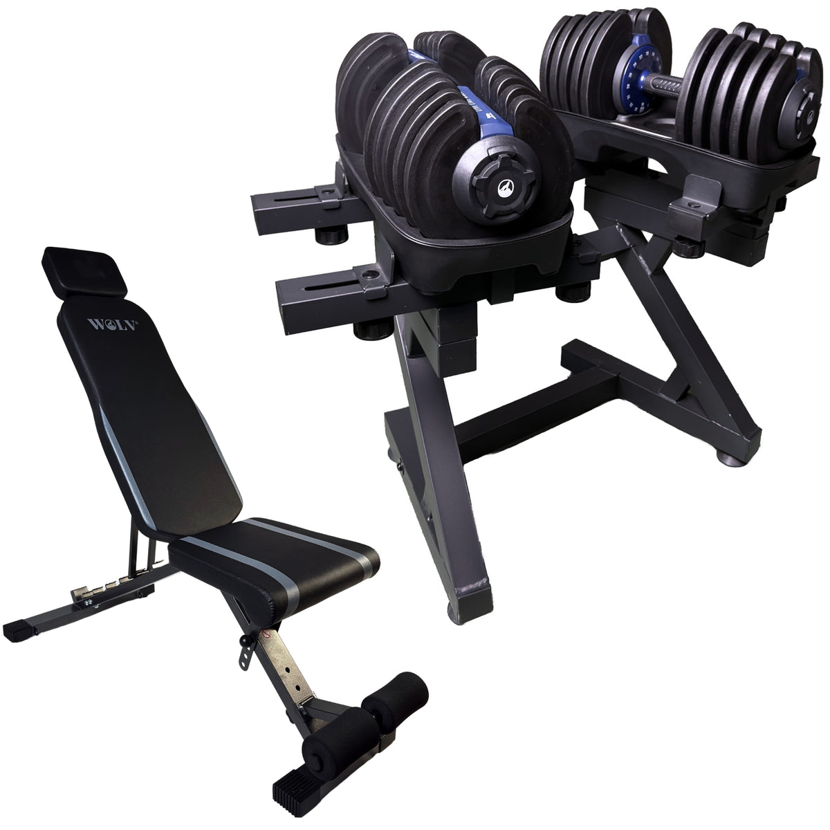 WOLV Home Gym Setup A — Adjustable Dumbbells, Bench & Rack