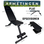 Maatschema van de WOLV Core halterbank: 110 cm vlak, 71 cm rugleuning en 75 x 28 cm opgevouwen