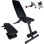 WOLV Core halterbank in incline-stand met het opgevouwen profiel en voorbeelden van dips en curls