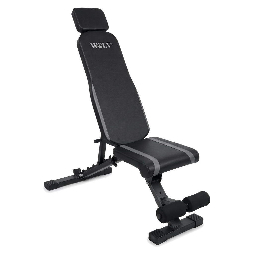 Black adjustable weight bench with a padded backrest, seat, headrest, and leg rest, shown on a plain white background. The brand name 'WOLV' is printed in white on the backrest.
