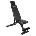 Black adjustable weight bench with a padded backrest, seat, headrest, and leg rest, shown on a plain white background. The brand name 'WOLV' is printed in white on the backrest.
