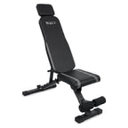 Black adjustable weight bench with a padded backrest, seat, headrest, and leg rest, shown on a plain white background. The brand name 'WOLV' is printed in white on the backrest.