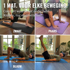 Collage van lunges, tabletop en bridge op zwarte, paarse en blauwe WOLV 15 mm yogamatten thuis