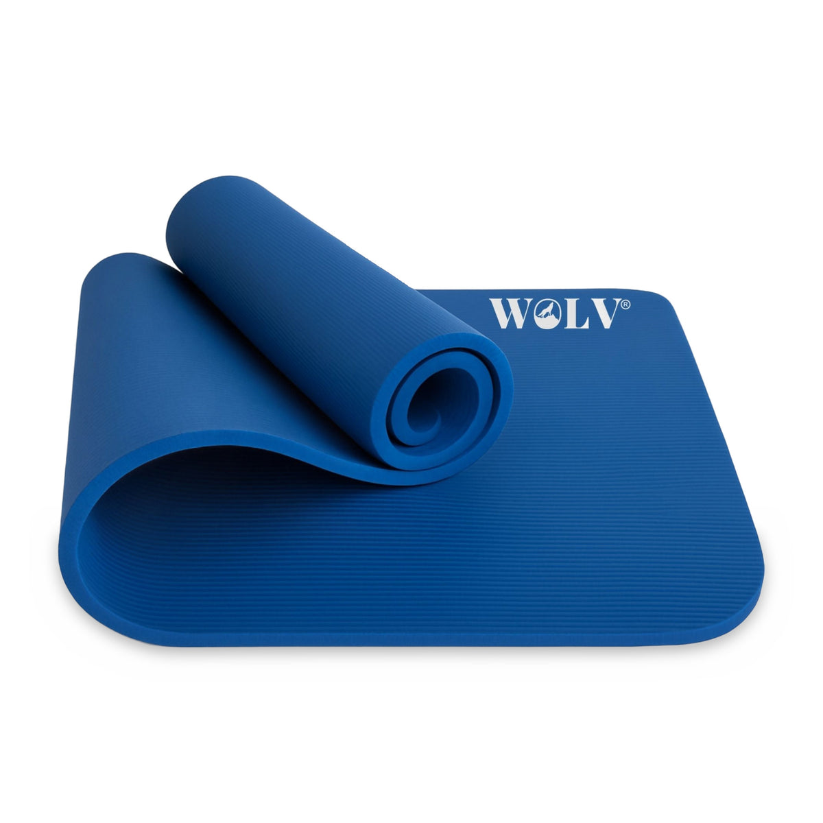 WOLV Extra Thick Yoga Mat 15 mm in blue, partly rolled up