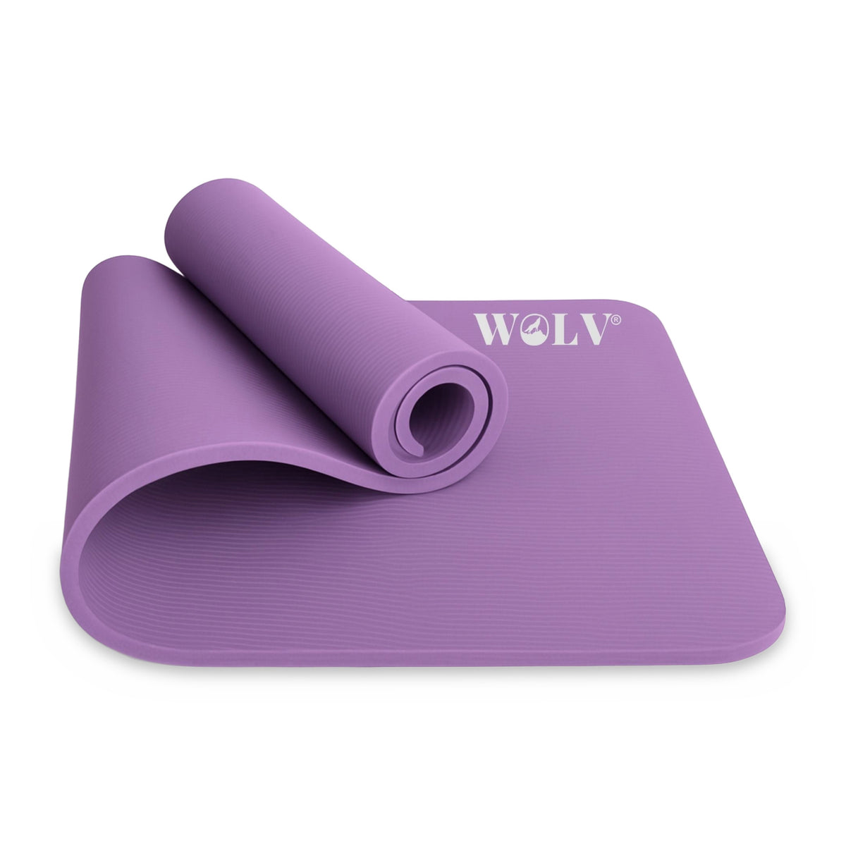 WOLV Extra Thick Yoga Mat 15 mm in purple, partly rolled up
