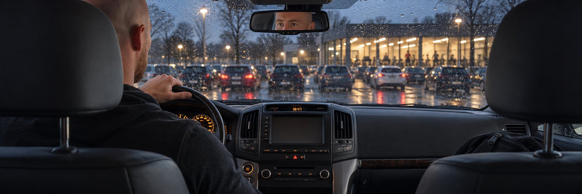 Driver stuck in traffic in the rain, looking at a busy commercial gym through the windscreen