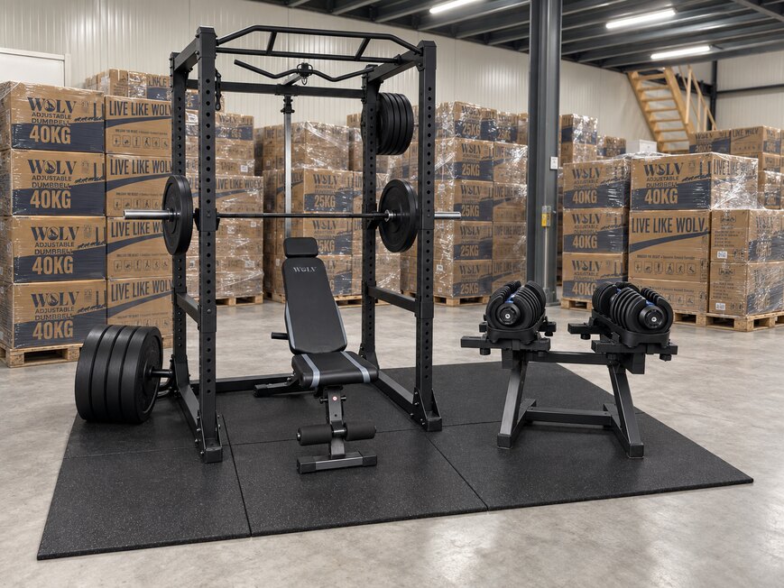 WOLV power rack with barbell, bench and dumbbell stand on rubber flooring in the WOLV warehouse