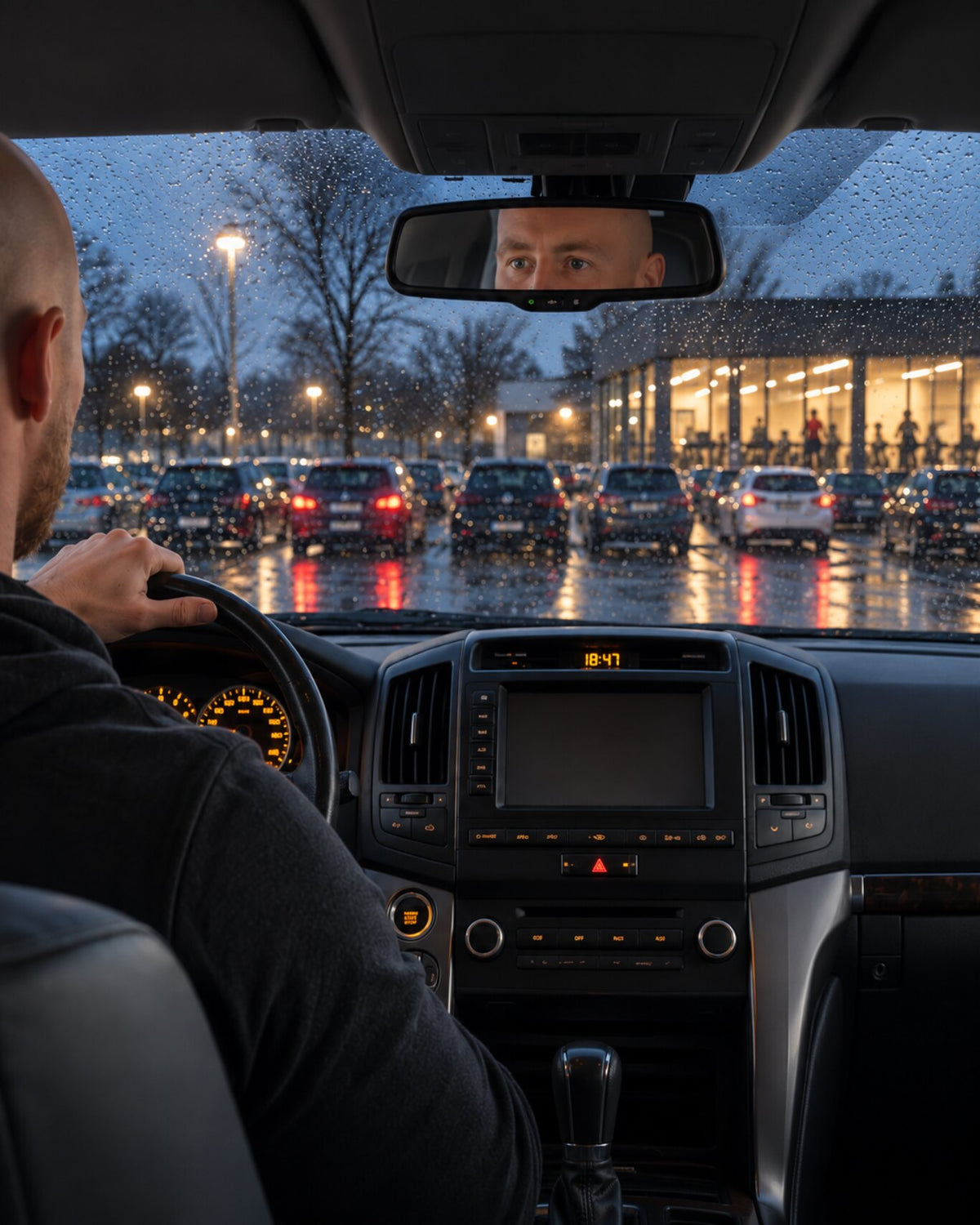 Driver stuck in traffic in the rain, looking at a busy commercial gym through the windscreen, portrait crop for phones