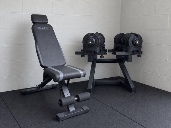 WOLV Home Gym Setup B: adjustable bench, dumbbell stand and rubber gym flooring