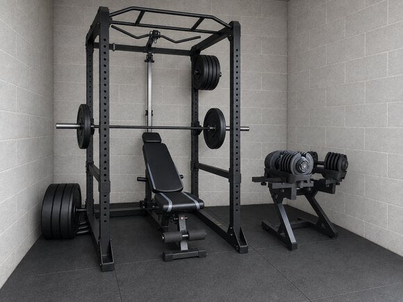 WOLV Gym concept C: power rack, barbell, bench and dumbbell stand on rubber flooring
