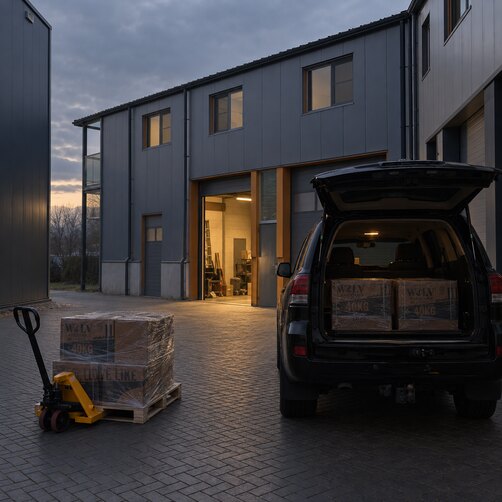 WOLV warehouse in Gemert at dusk with a pallet being loaded into a car