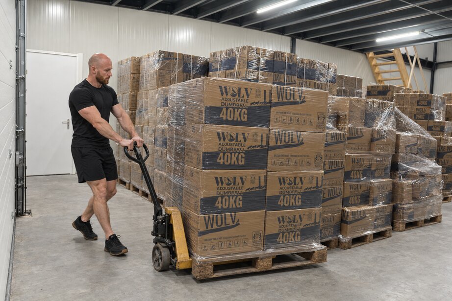 Bart moving a pallet of WOLV 40 kg adjustable dumbbells in the WOLV warehouse in Gemert