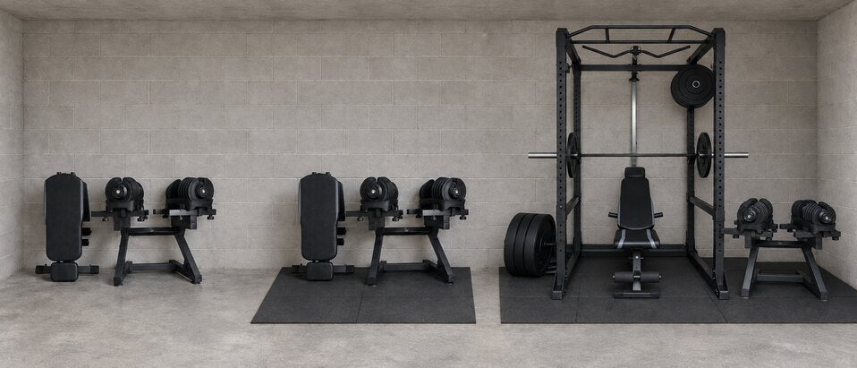 Three WOLV home gym setups side by side: dumbbells and bench, with flooring, and with power rack