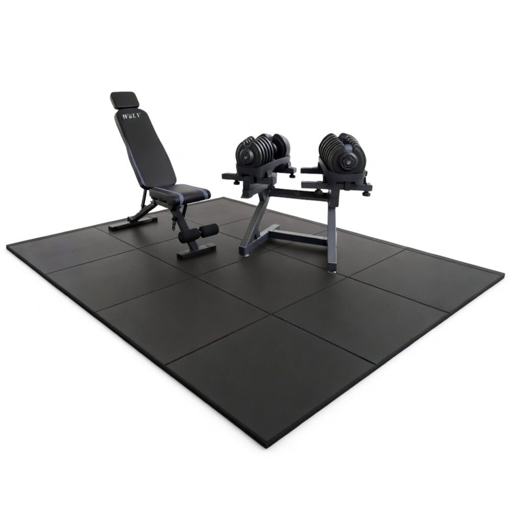 WOLV Ultimate Home Gym Pakket | Bastion Bank, 2×40 KG Halters, Halterrek & Rubberen Tegels